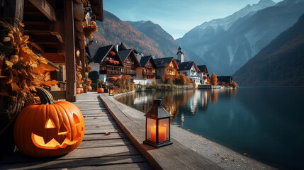 Halloween wallpaper in paper art and craft design concept with Hallstatt village background decorate by pumpkin. Created using generative AI.