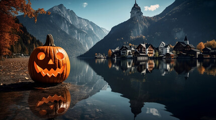 Halloween night time in Hallstatt village wallpaper in paper art and craft design concept and animation decorate by pumpkin. Created using generative AI.