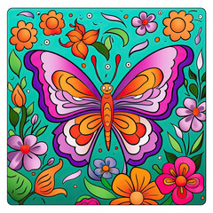 Colouring page for kids, a vibrant butterfly fluttering among colourful flowers AI Generated
