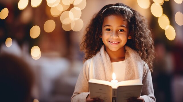 Happy little girl holding a Christmas carol book at Christmas carol, crowd holding candles in the background,