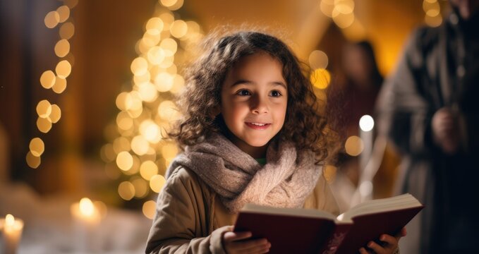 Happy little girl holding a Christmas carol book at Christmas carol, crowd holding candles in the background,