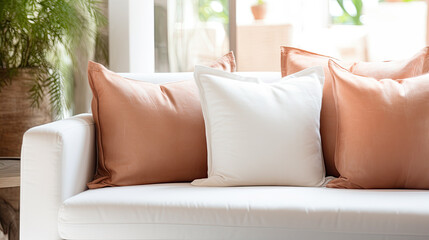 Close up of fabric sofa with white and terra cotta pillows. French country home interior design of modern living room.