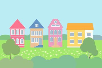Fototapeta premium Four houses in a green clearing. Flat illustration. A smooth row of country houses against the background of greenery and sky. Summer landscape.