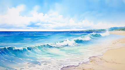 青空と海と白い砂浜の水彩風景