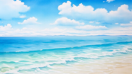 Fototapeta na wymiar 青空と海と白い砂浜の水彩風景