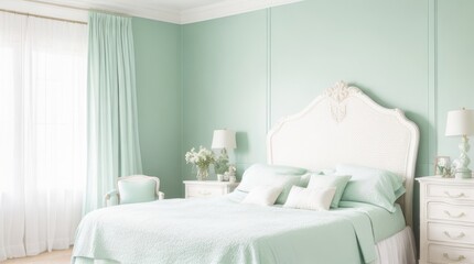 Fototapeta na wymiar interior of classic bedroom with green wall, bed and blue curtains. Generative Ai