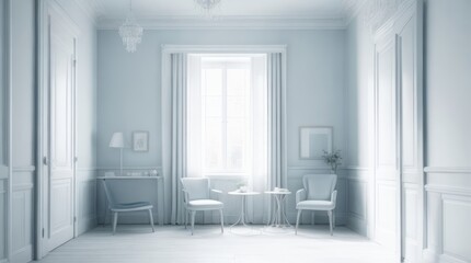A dining room with white walls and blue floor. Generative Ai