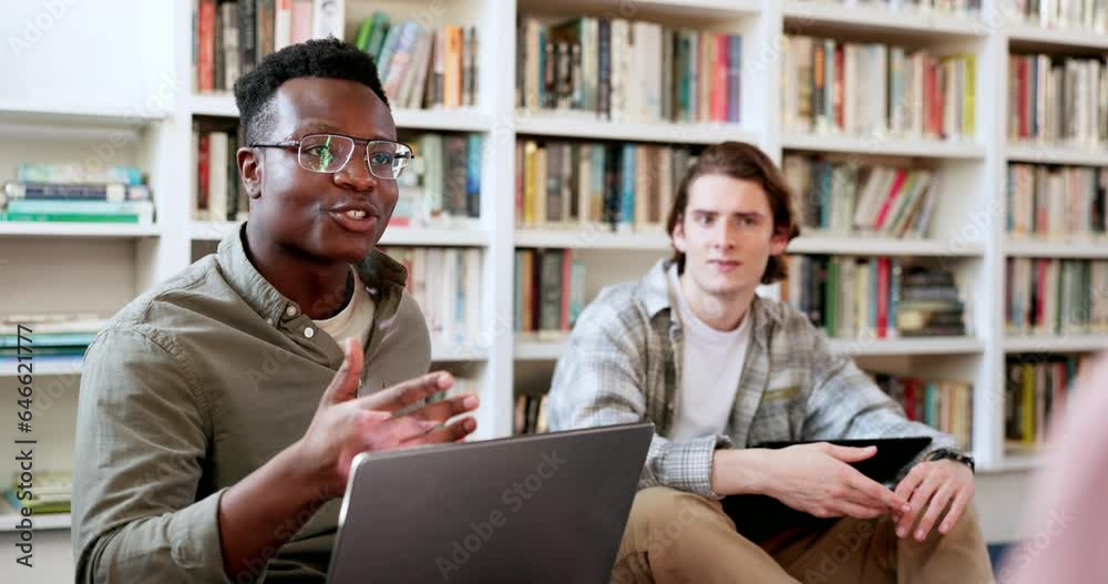 Poster Library, study group and student man with conversation and book planning for college project. Books, talking and communication for learning and studying for exam with friends or class in university