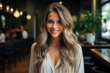 Obraz premium Beautiful hairstyle of young woman after dying hair colouring