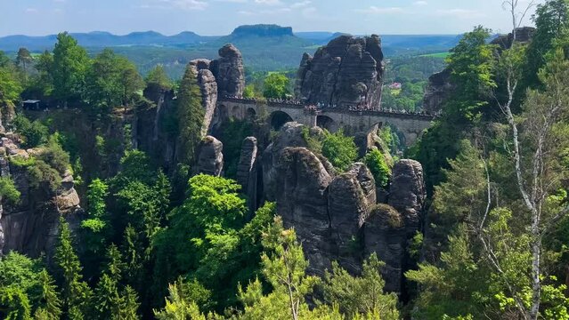 Bastei Bridge in the Saxon Switzerland National Park on the banks of the Elbe River, Saxony, Germany. High quality 4k footage