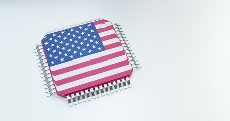  3d render of microchip or semiconductor chip in countries flag, for computing or technology supply chain.
