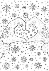 Christmas and New Year vector illustration with    hands in mittens showing heart symbol against snowflakes. Greeting card background. Black and white line art for coloring page.