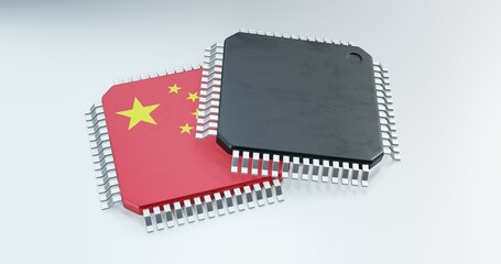  3d render of microchip or semiconductor chip in countries flag, for computing or technology supply chain.