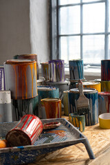 Paint Cans. Used cans of colored paint. Oil-based enamel, lacquer, shellac and varnish leftovers. Household Hazardous Waste