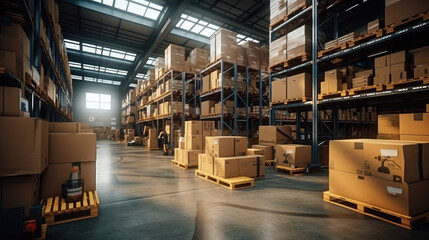 Obraz premium In a warehouse with shelves full of cardboard boxes and packages, goods are displayed on shelves.