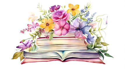 international literacy day watercolor illustration. Watercolor card with color books and flowers on white background