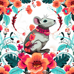 Fototapeta premium Image of pattern design using rat and flowers and leaves. Wildlife Animals. Illustration, Generative AI.