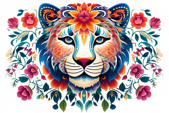 Image of pattern design using lion face and flowers and leaves. Wildlife Animals. Illustration, Generative AI.