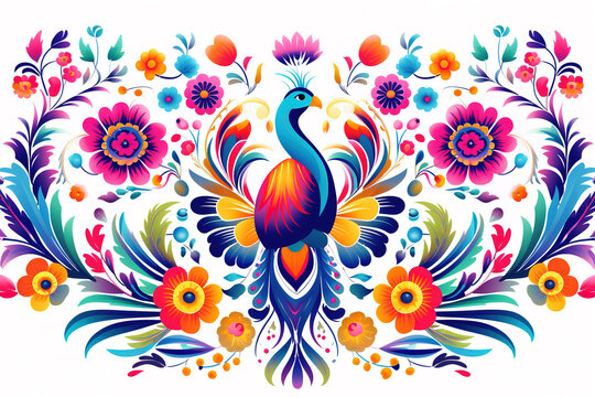 Image of pattern design using peacock and flowers and leaves. Wildlife Animals. Bird. Illustration, Generative AI.