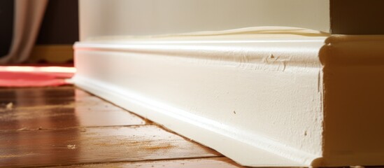 Polyurethane foam fills gap between wall and floor - trim, sand, paint. - obrazy, fototapety, plakaty