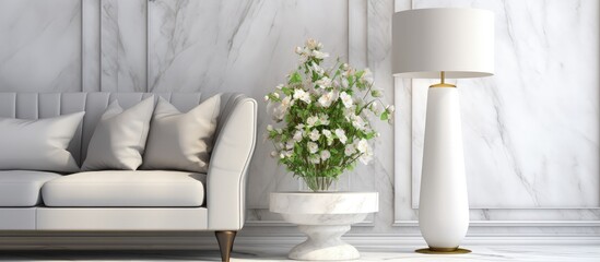 modern lamp and flowers on white marble coffee table in interior design.