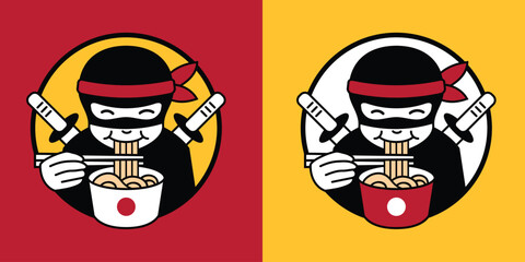 set of logo Illustration Character Mascot of Japanese Ninja Eating Ramen or Noodle, red and yellow color