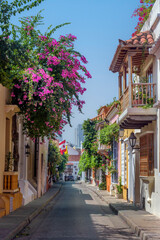 One vivid colours street of the walled city Cartagena de Indias Colombia 2023