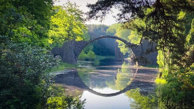 Devil's Bridge Rakotzbrucke in the Rhododendron Palace Landscape Park Kromlau, Lake Rakotz, Saxony, Germany. High quality 4k footage