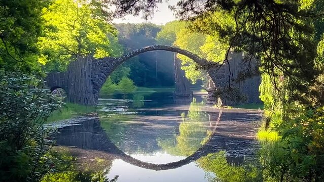 Devil's Bridge Rakotzbrucke in the Rhododendron Palace Landscape Park Kromlau, Lake Rakotz, Saxony, Germany. High quality 4k footage