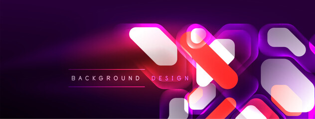 Neon lines, squares and round shapes abstract background. Techno glowing neon hexagon shapes vector illustration for wallpaper, banner, background, landing page, wall art, invitation, prints, posters