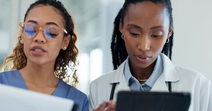 Paperwork, tablet and doctors team with medical charts, hospital schedule or planning admin and checklist. Healthcare teamwork, nurse or women for digital data, documents comparison and clinic folder