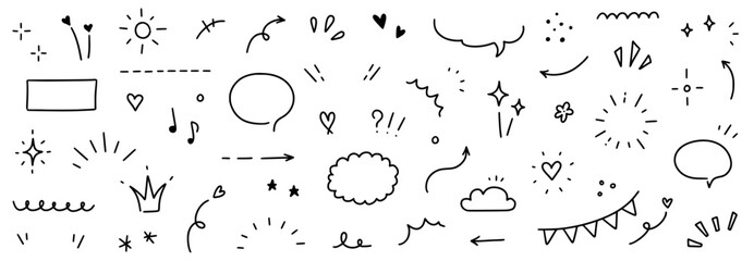 Cute line icon sketch element. Hand drawn line sketch text decoration star sparkle, arrow, heart element set. Simple drawn sun sparkle, flower, emphasis symbol background. Vector illustration.