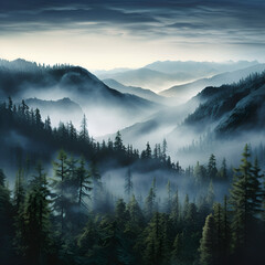 Photo realistic illustration of mountains forest fog morning mystic