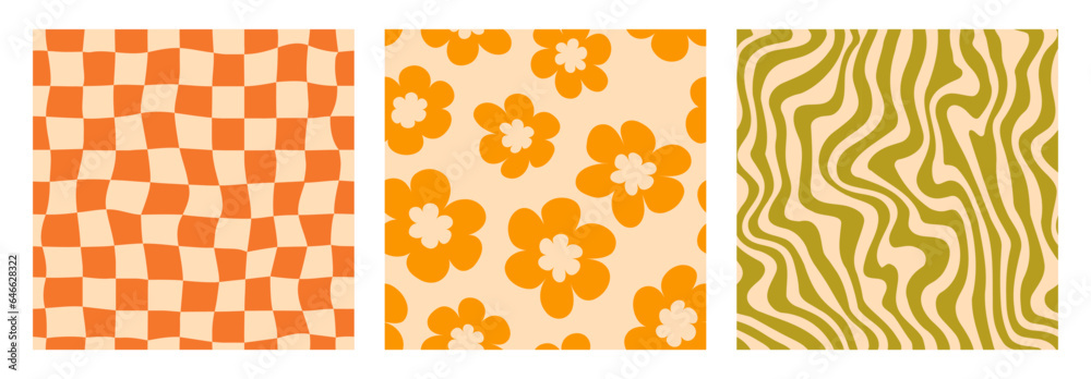 Poster Groovy seamless background set. Repeating retro wave, daisies and checkered pattern collection. Vintage psychedelic checkerboard wallpapers. Distorted orange green backdrop in 60s, 70s style. Vector