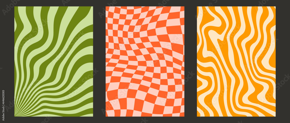 Poster groovy wave lines, checkerboard and sunburst background set. colorful retro waves and checkered patt