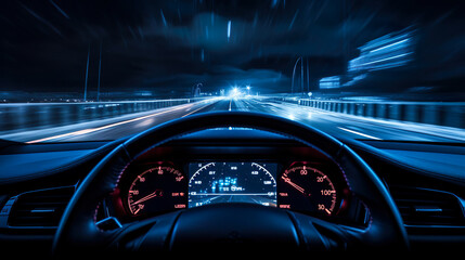運転席からの夜の高速道路の景色 - obrazy, fototapety, plakaty