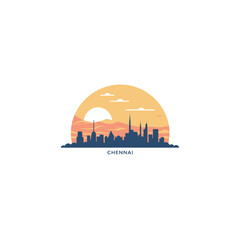 India Chennai cityscape skyline city panorama vector flat modern logo icon. Indian metropolis town emblem with landmarks and building silhouettes, isolated clipart - obrazy, fototapety, plakaty