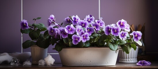 Primrose flowers in pot decorate a vintage bathroom with a retro touch.