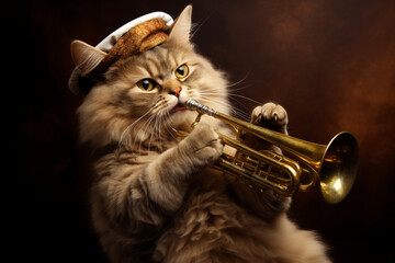 cute cat playing trumpet