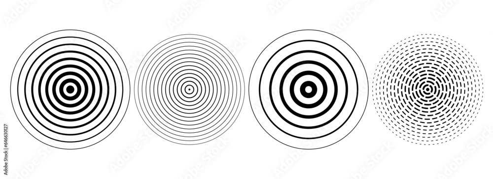 Poster black concentric ripple circles set. dotted sonar or sound wave rings collection. epicentre, target,