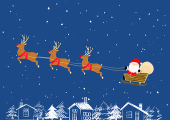 かわいいサンタクロースのキャラクターのイラスト 手描き　メリークリスマス　トナカイのそり　飛ぶ　カード　バナー　チラシ　招待状　ポスター