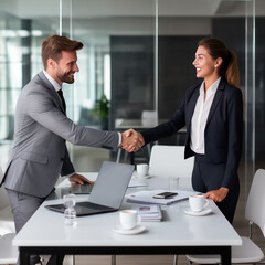 Man and woman are shaking hands in office. Businessmen shake hands and agree on a table On the desk after a long meeting. Collaborative teamwork. congratulation, merger and acquisition concepts.