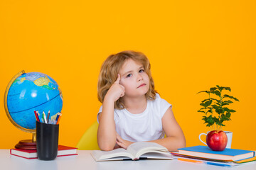 Child from elementary school with book. Little student, clever nerd pupil ready to study. First...