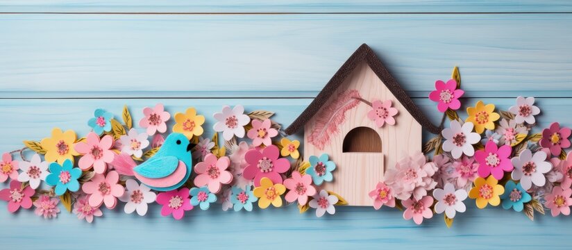 Felt house with bird and flower decor. Craft idea for Mothers day or Easter. Spring craft for kids. Sewing supplies on wooden background. Empty space for text.