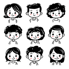 Cartoon children avatars set. Cute face of boys and girls with hand drawn style. Vector illustration