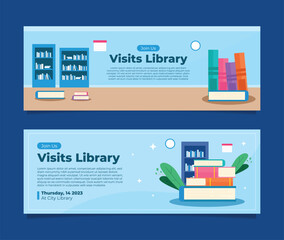 Library landing page with textbook concept. illustration of e-book reading service web banner and flat great for social media promotional materials.