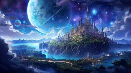 ファンタジーな天体の夜の星空を背景に、崖の上にある大きなお城 - obrazy, fototapety, plakaty