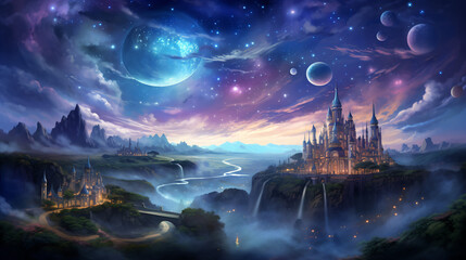 ファンタジーな天体の夜の星空を背景に、崖の上にある大きなお城 - obrazy, fototapety, plakaty