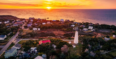 Aerial view of Ocracoke Lighthouse on Ocracoke Island , North Carolina at sunset.