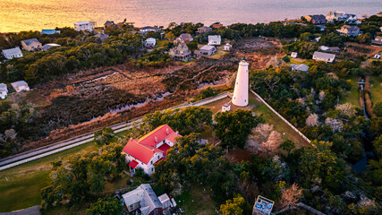 Aerial view of Ocracoke Lighthouse on Ocracoke Island , North Carolina at sunset.